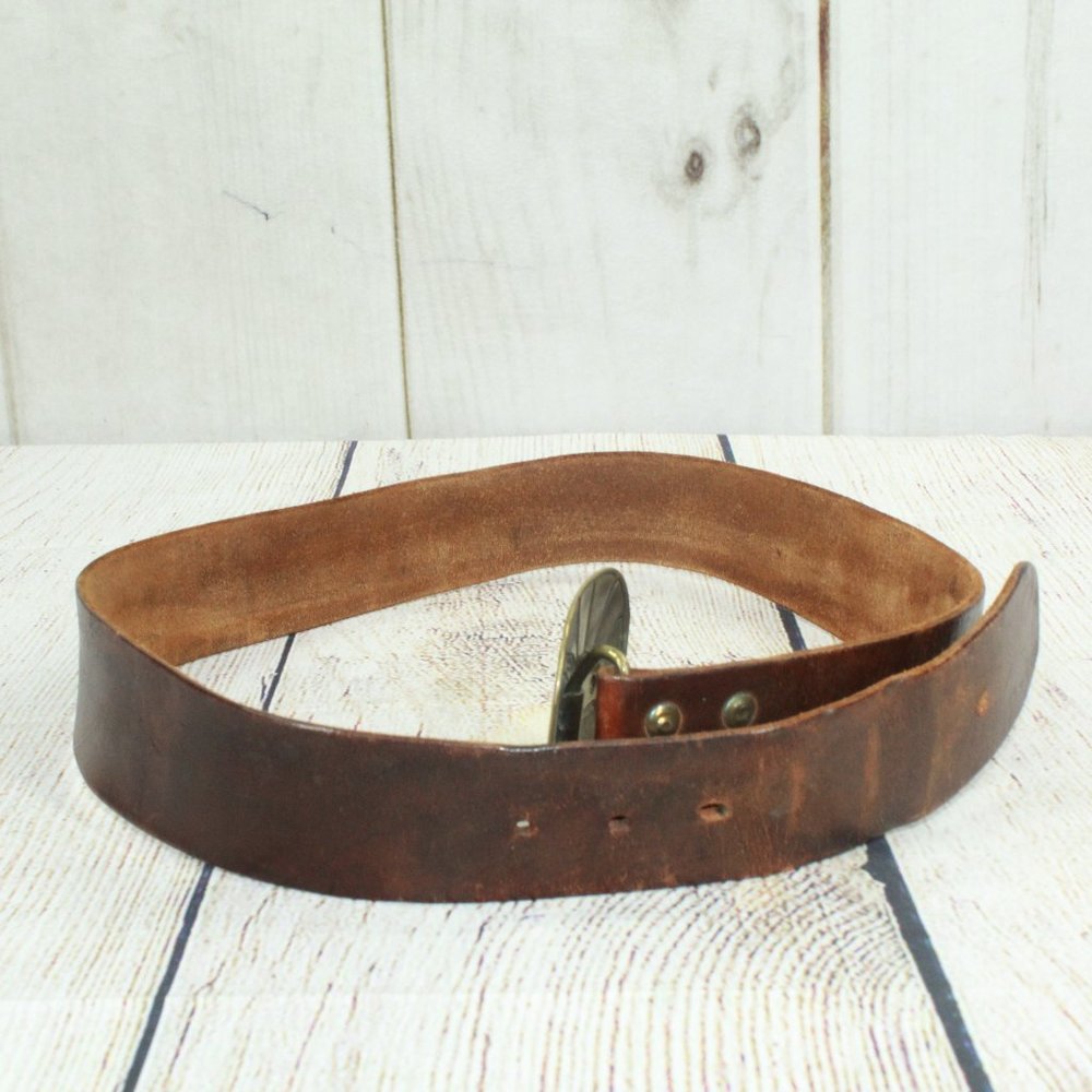 Vintage Brown Leather Belt with Solid Brass Eagle Buckle Size S - Picture 4 of 12